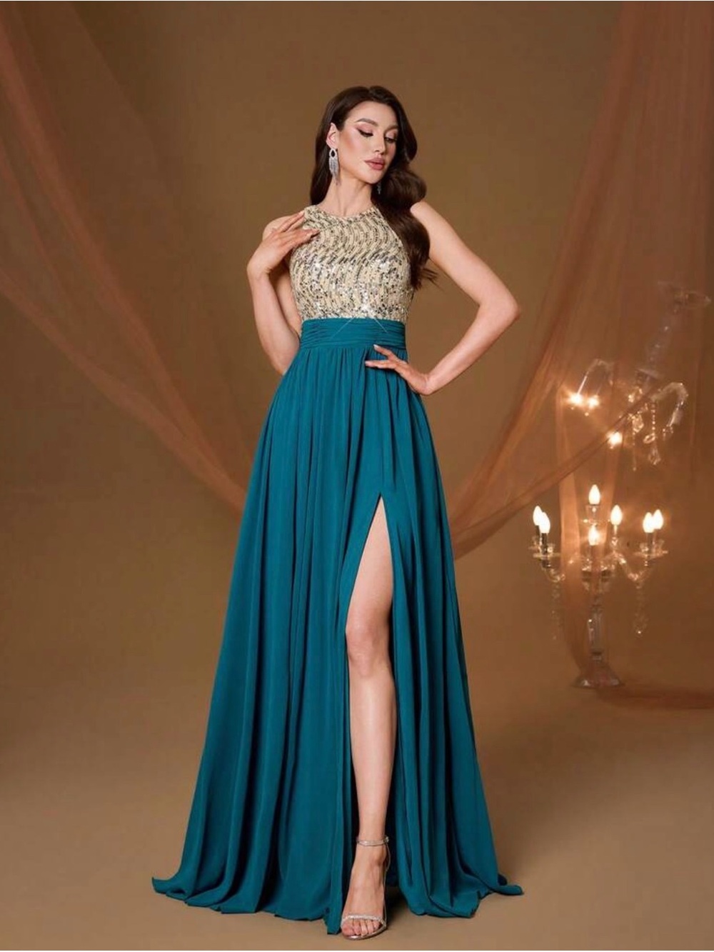Embellished Gold Bodice Teal Evening Gown